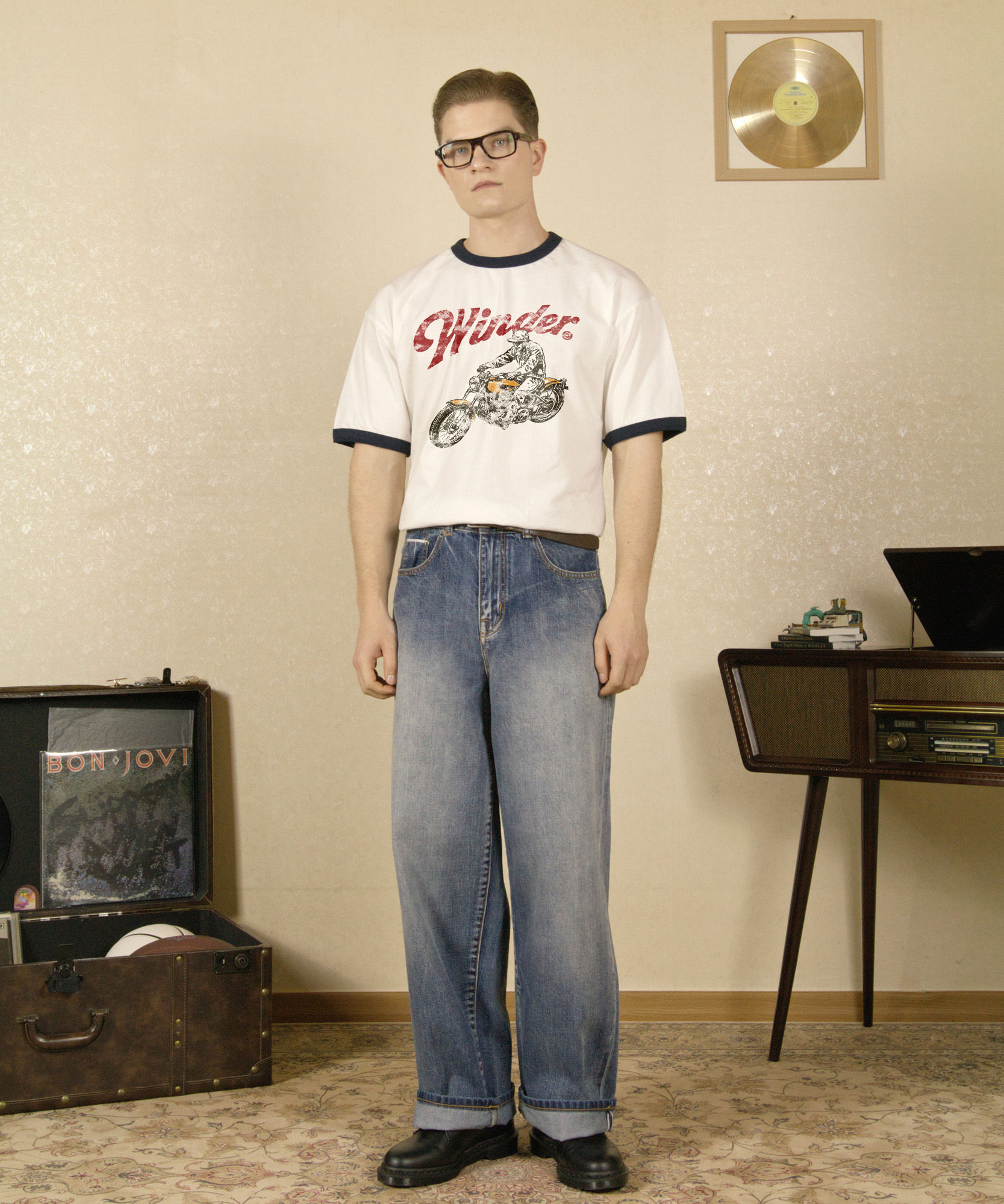 Winder motor club semi over fit ringer t-рубашкаs(ivory/navy)