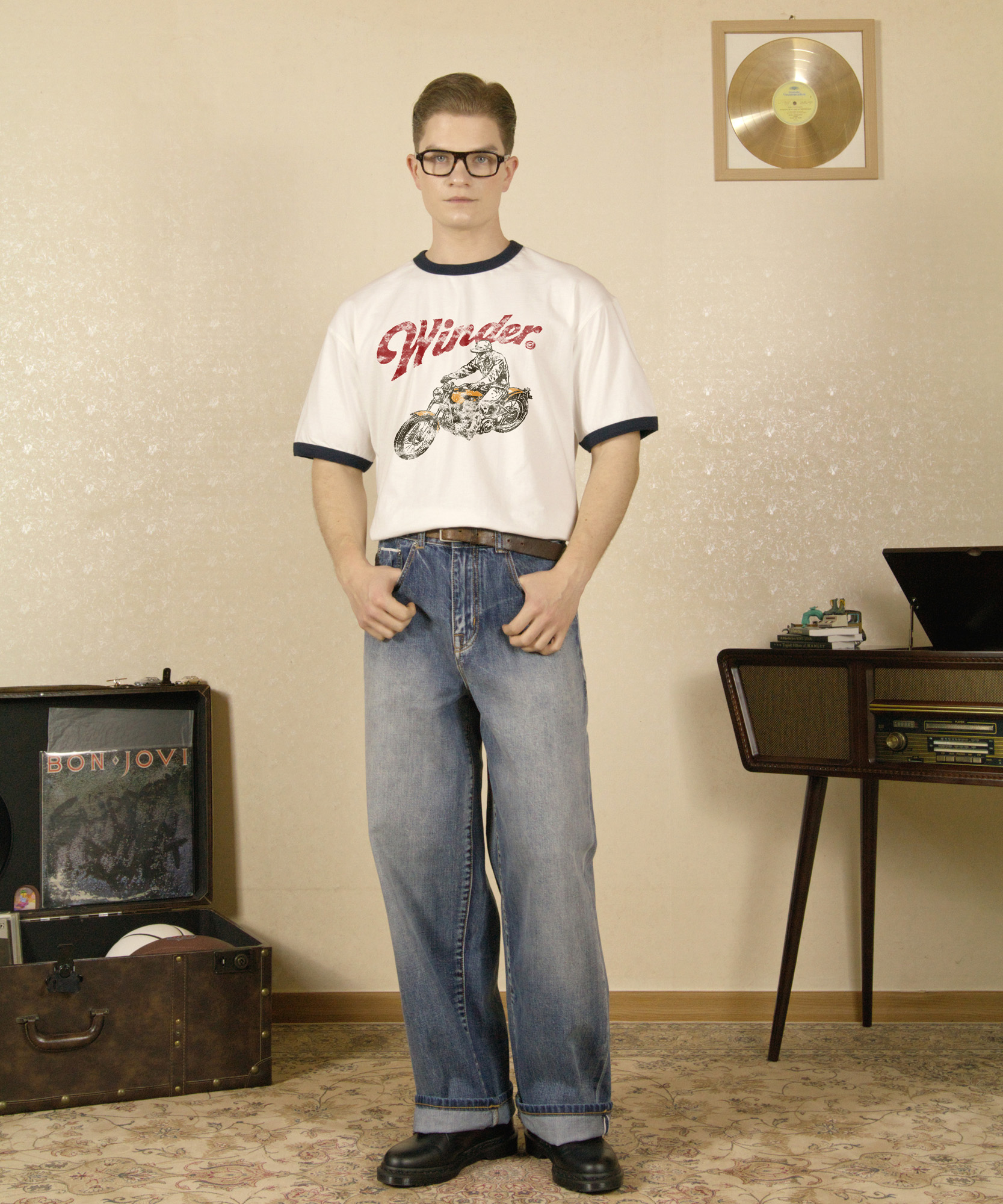 Winder motor club semi over fit ringer t-рубашкаs(ivory/navy)
