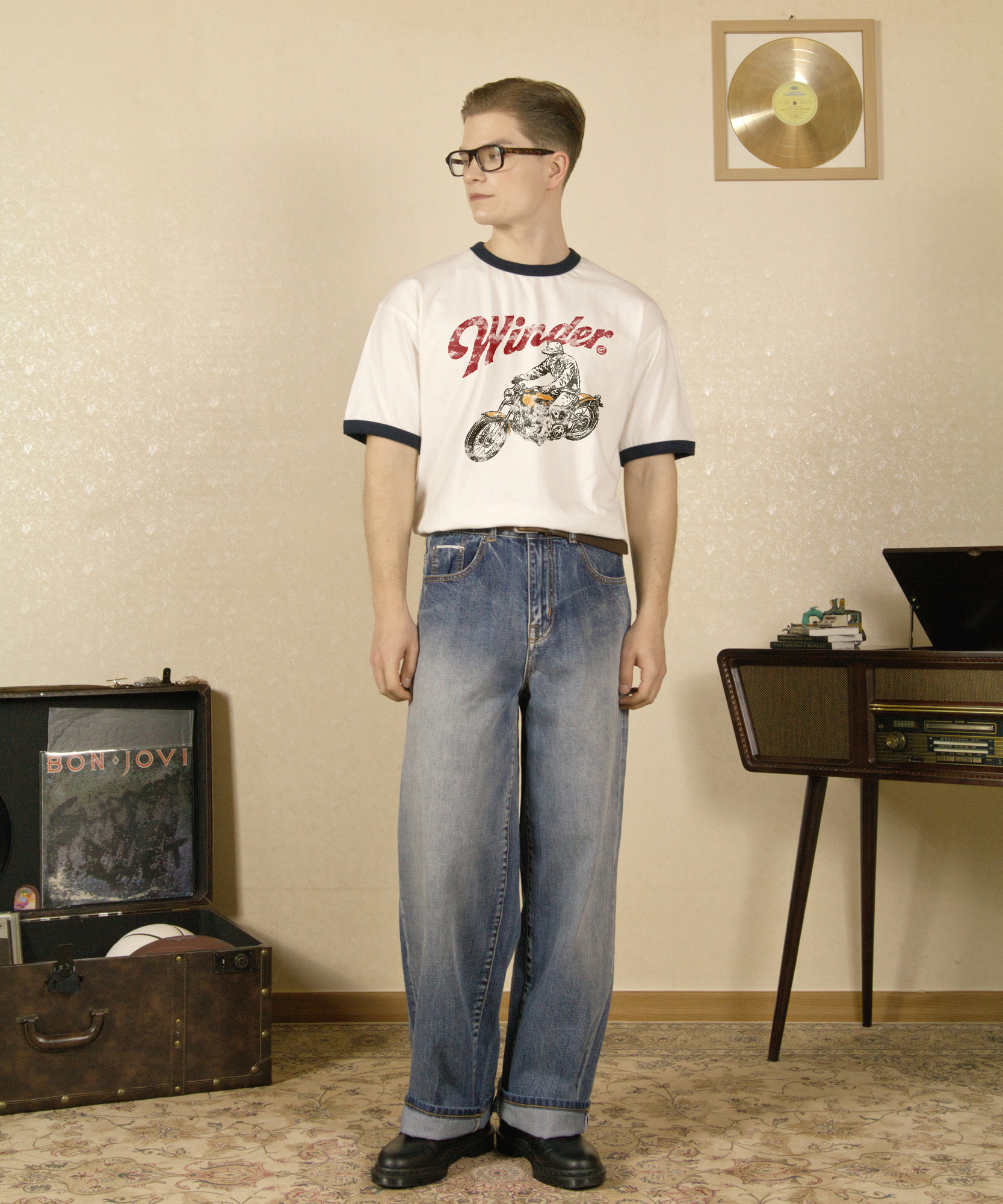 Winder motor club semi over fit ringer t-рубашкаs(ivory/navy)