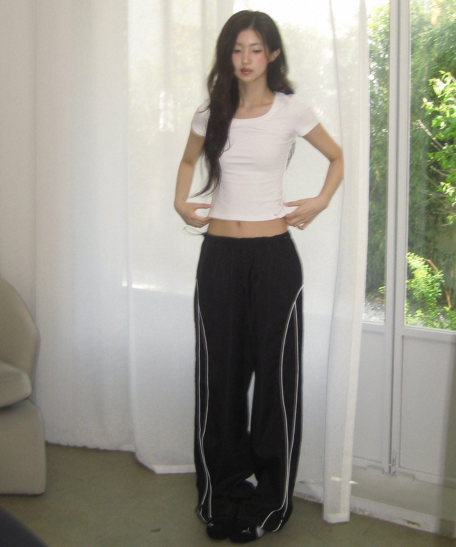Pipe side line track pants - BLACK