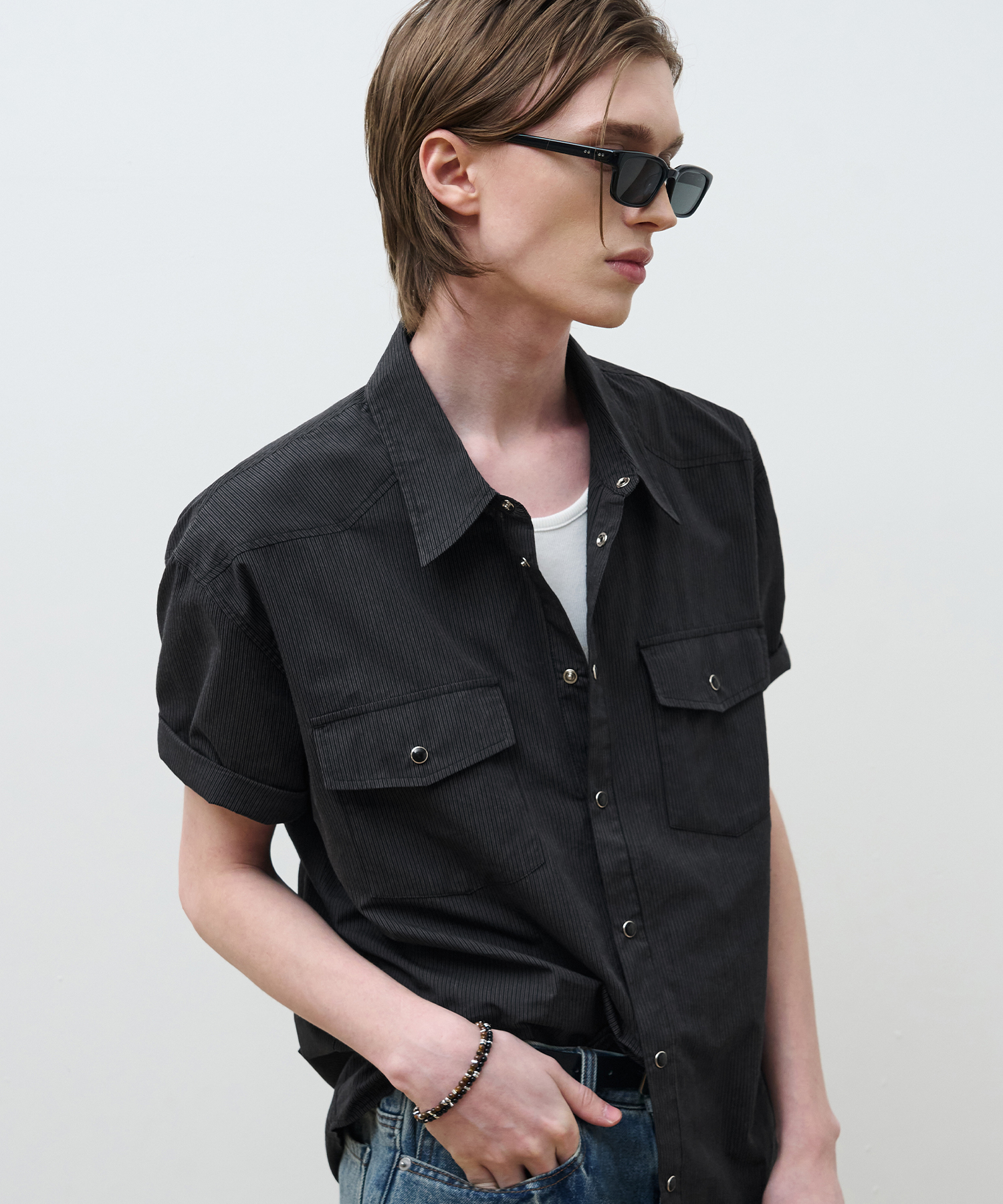 LUCHE STRIPE HALF WESTERN SHIRT [BLACK]
