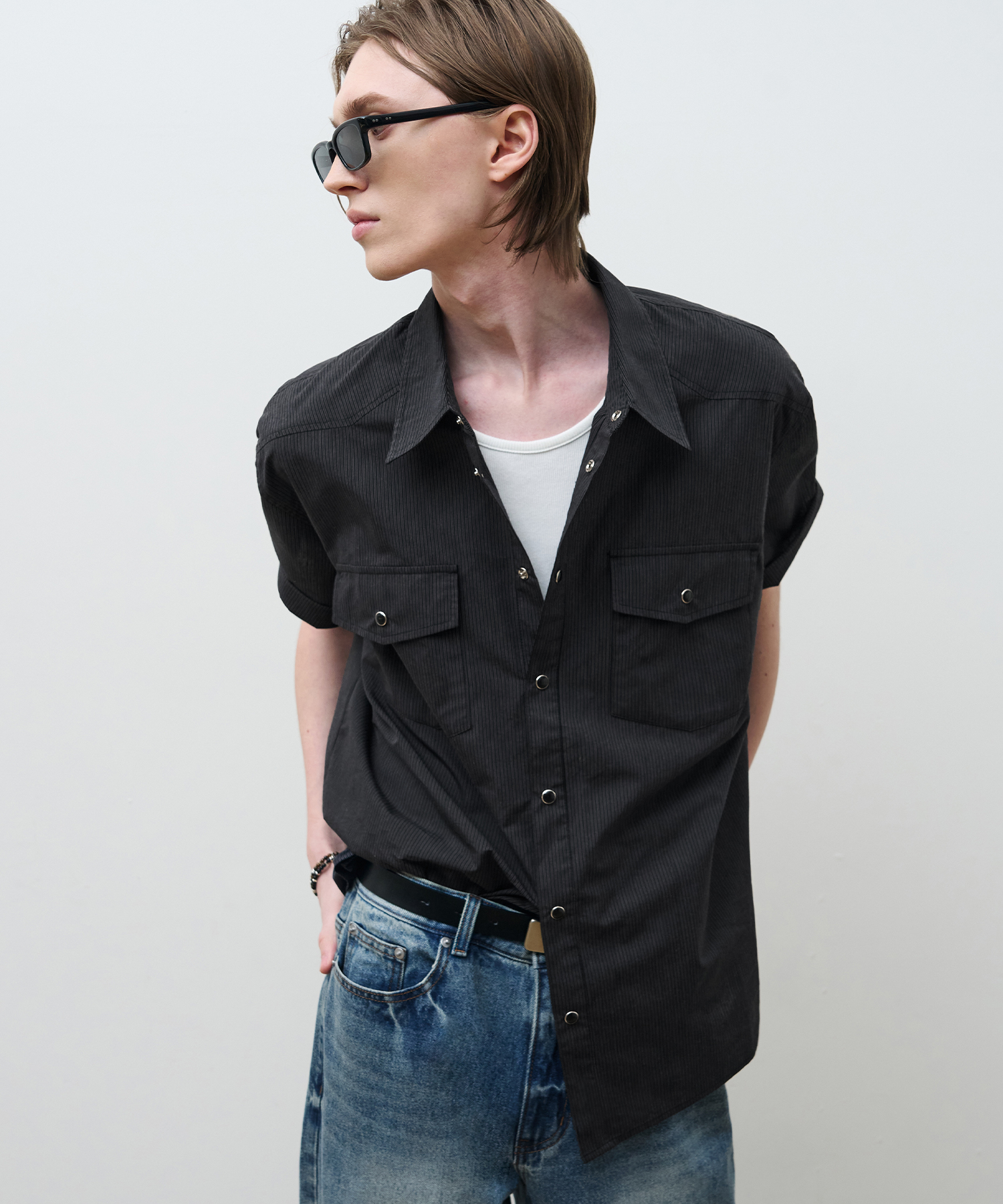 LUCHE STRIPE HALF WESTERN SHIRT [BLACK]