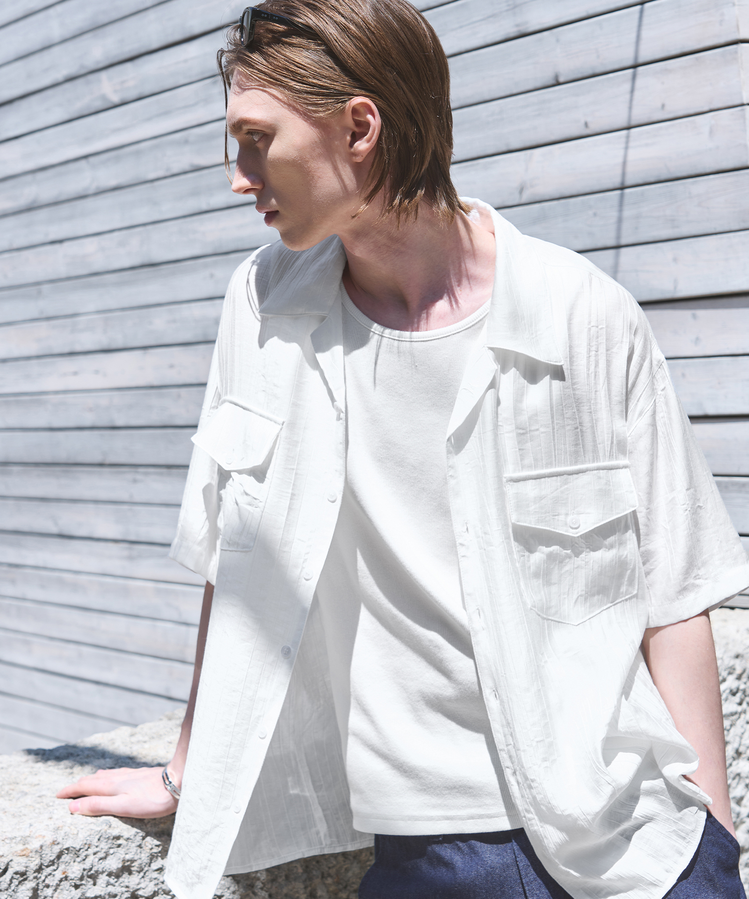 SEER TEXTURE OPEN COLLAR HALF SHIRT [WHITE]