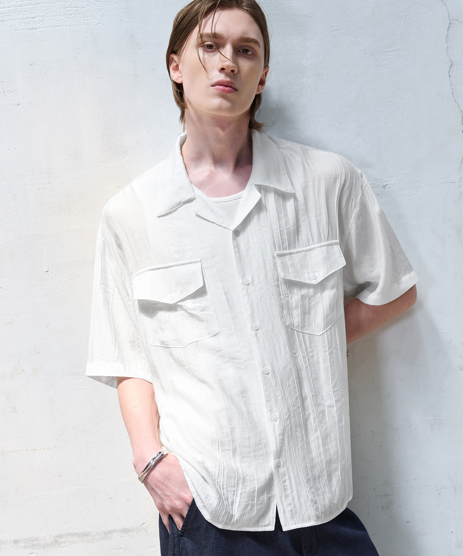 SEER TEXTURE OPEN COLLAR HALF SHIRT [WHITE]