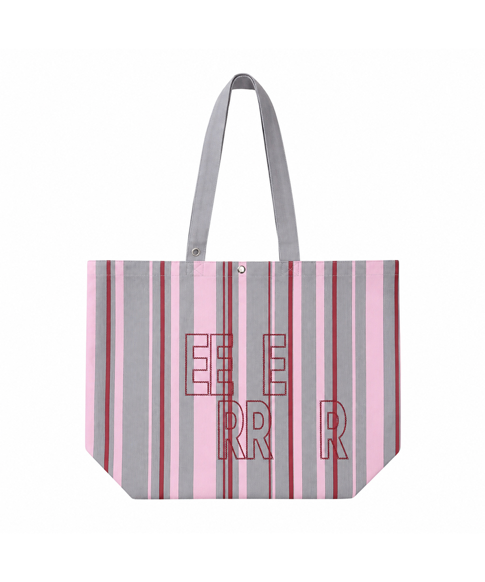 Weekend warrior stripe embroid canvas tote-bag (Pink gray)