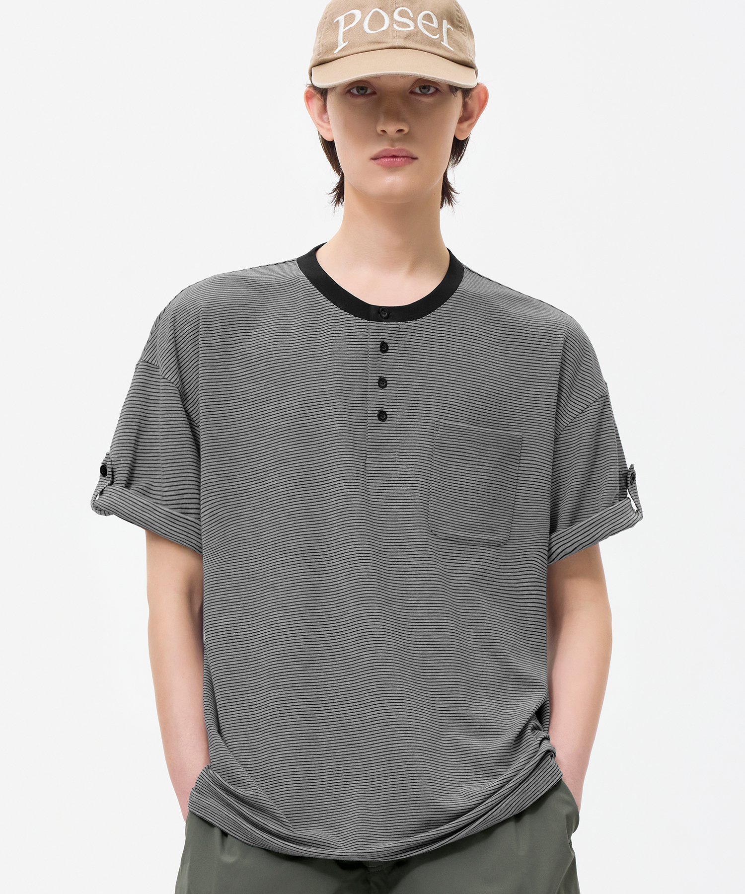 ROLL UP ONE POCKET HENLY NECK HALF T-SHIRT_4color