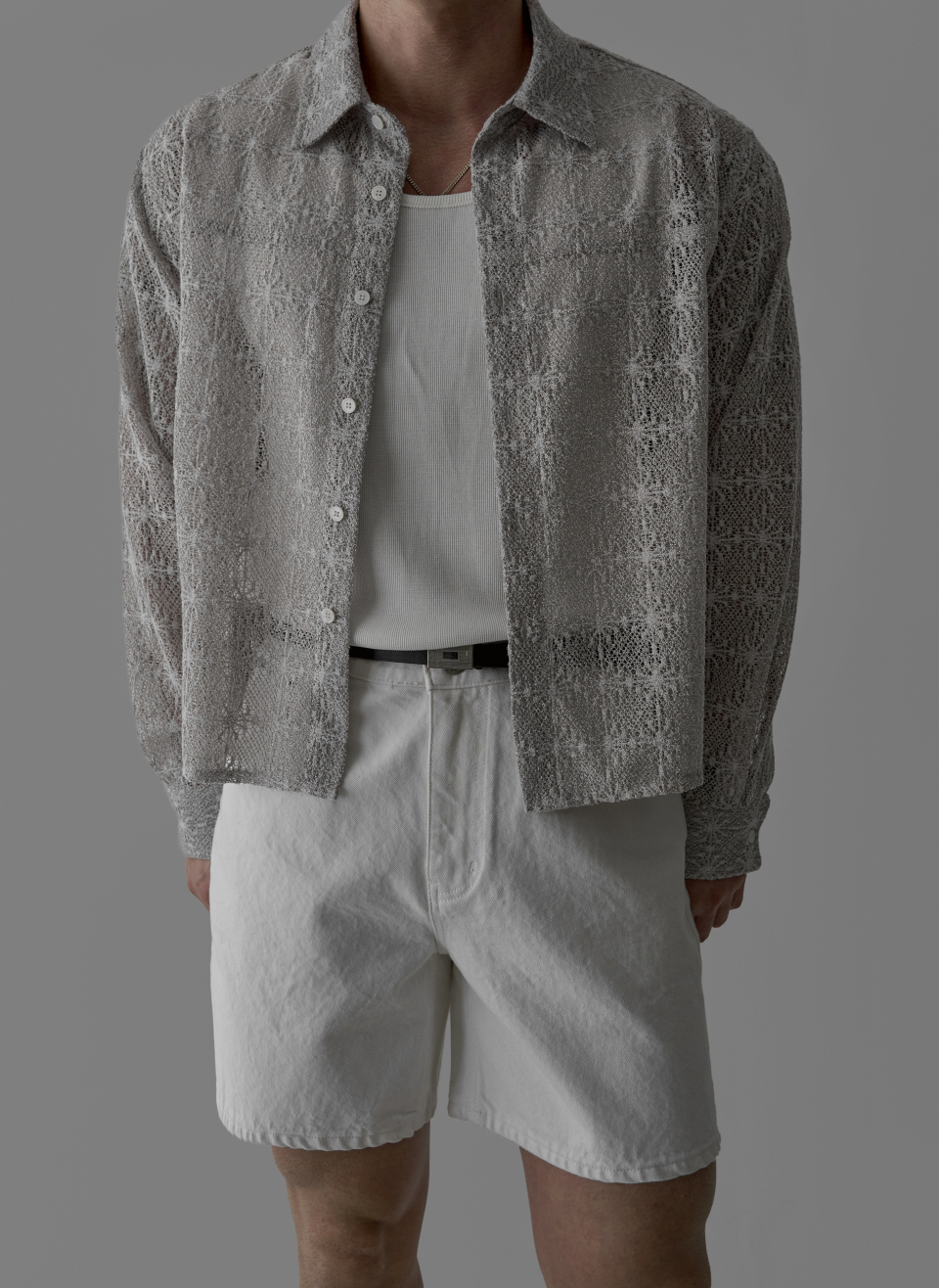 SHEER CROCHET CROP SHIRT - 3 COLORS LIGHT GREY