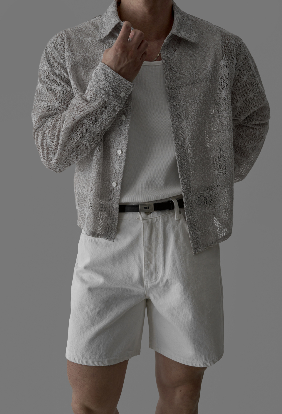SHEER CROCHET CROP SHIRT - 3 COLORS LIGHT GREY