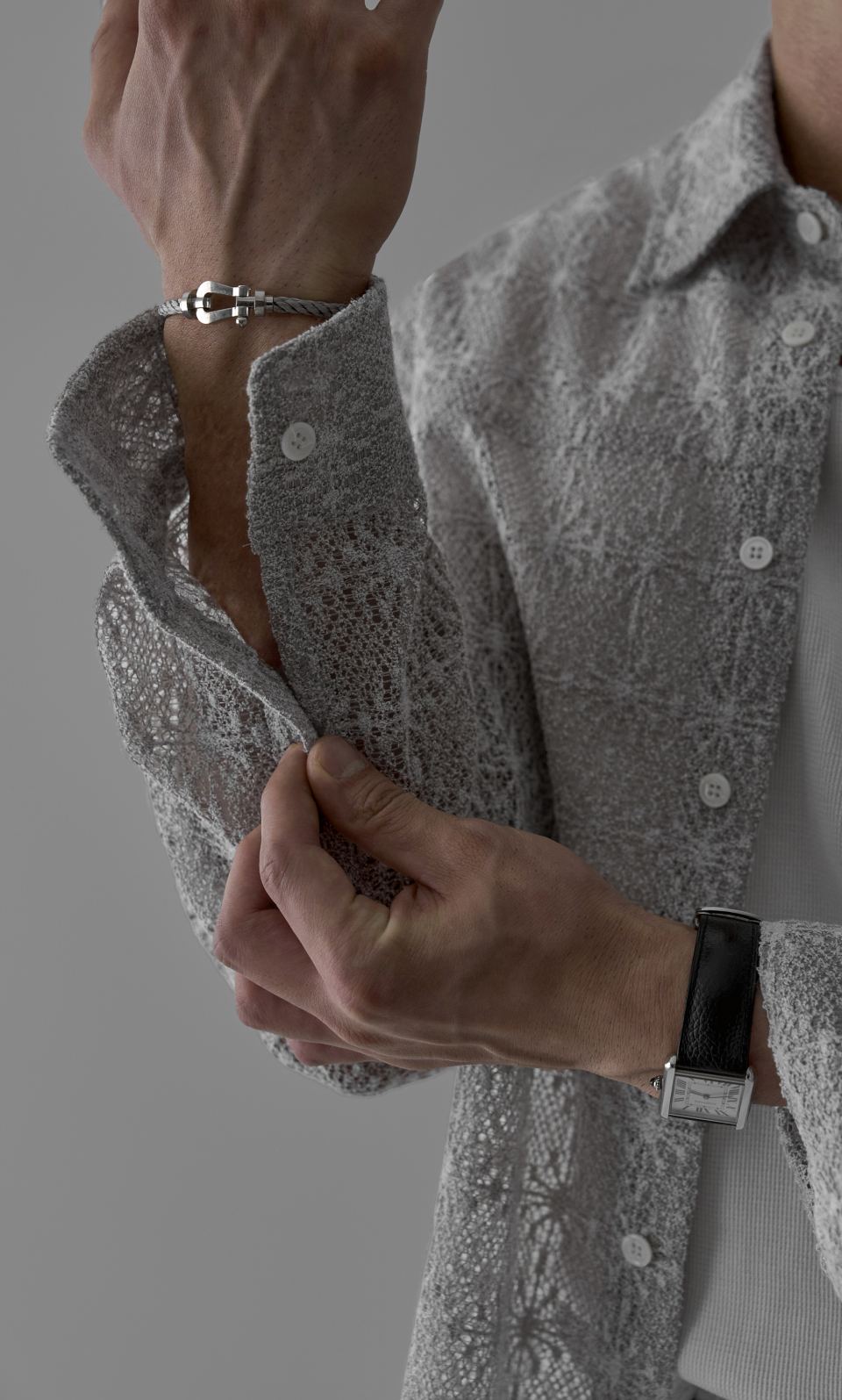 SHEER CROCHET CROP SHIRT - 3 COLORS LIGHT GREY