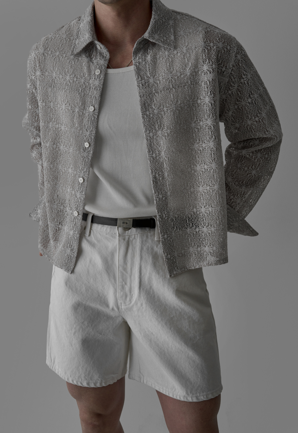 SHEER CROCHET CROP SHIRT - 3 COLORS LIGHT GREY