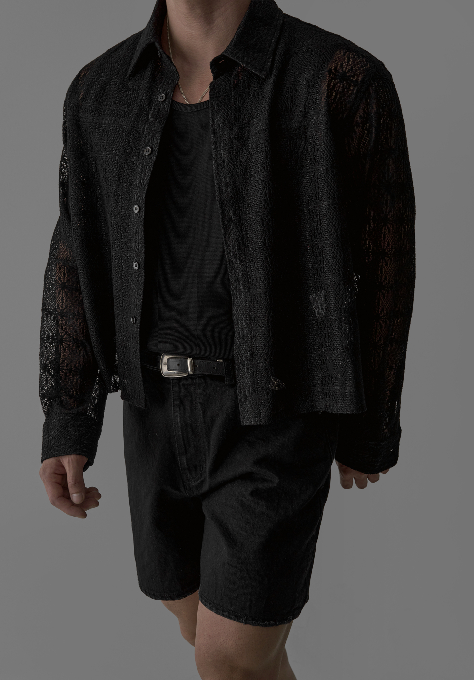 SHEER CROCHET CROP SHIRT - 3 COLORS BLACK