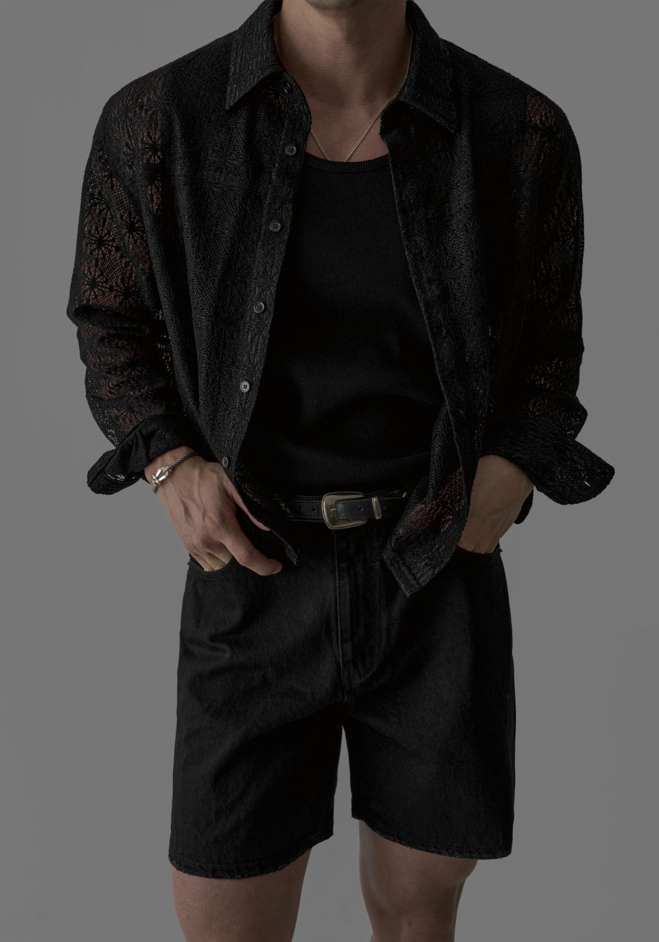 SHEER CROCHET CROP SHIRT - 3 COLORS BLACK