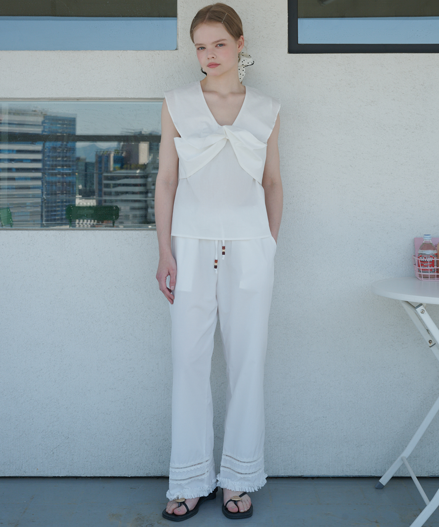 Punching Lace Cotton Banding Wide Pants White