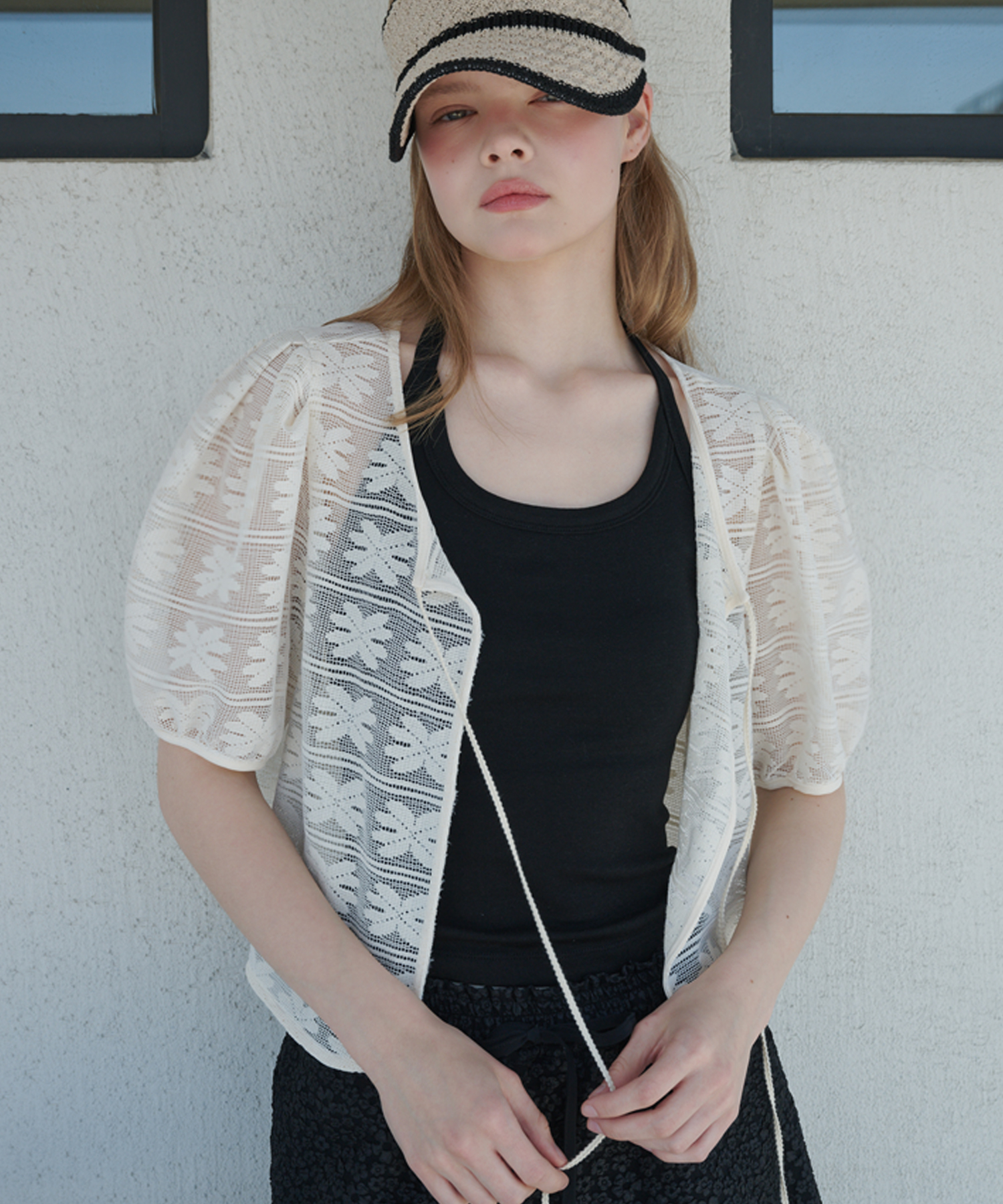 Crochet Lace Puff Sleeve Floral Jacket Beige