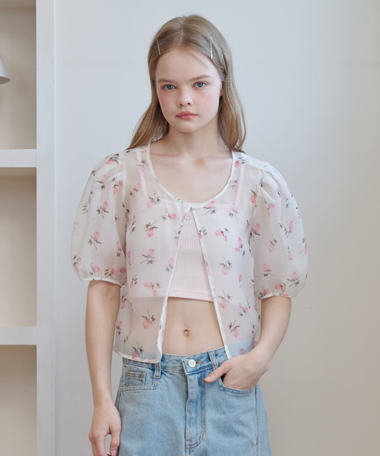 Organza Puff Sleeve Floral Jacket Ivory