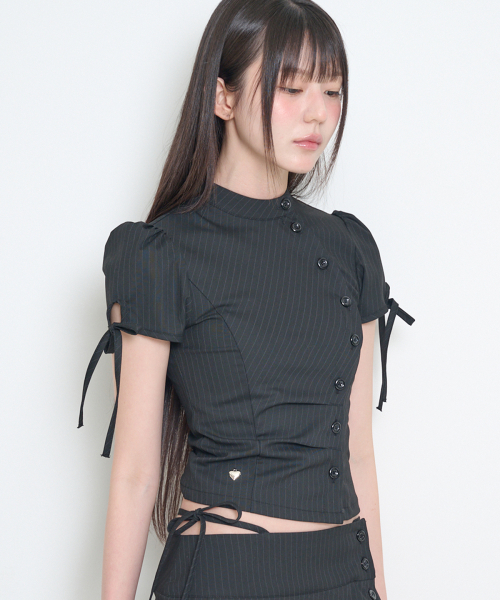 MUSINSA公式 | ILLIGO チャイナボタンカラー トップス ブラックストライプ