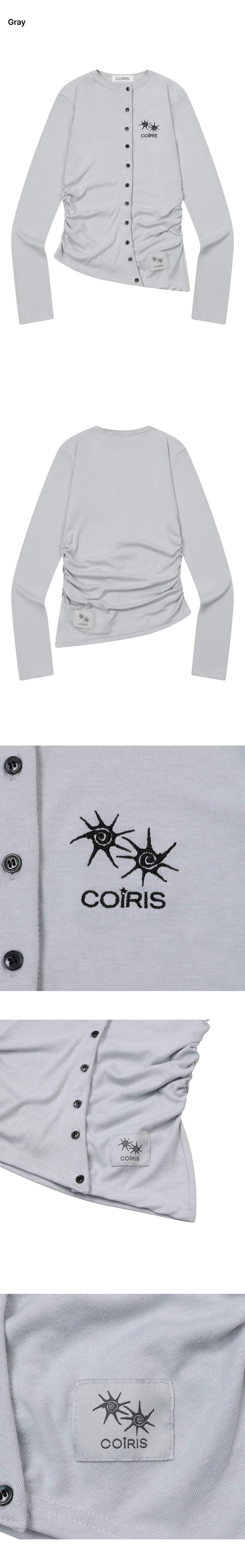 SHIRRING SLIM ROUND NECK ROLL CARDIGAN GREY