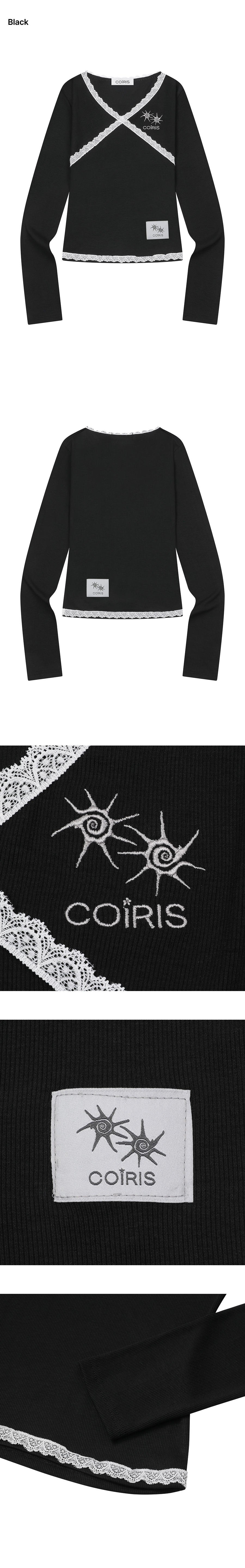 LACE CROSS V-NECK LONG SLEEVE TEE - 4 COLORS BLACK