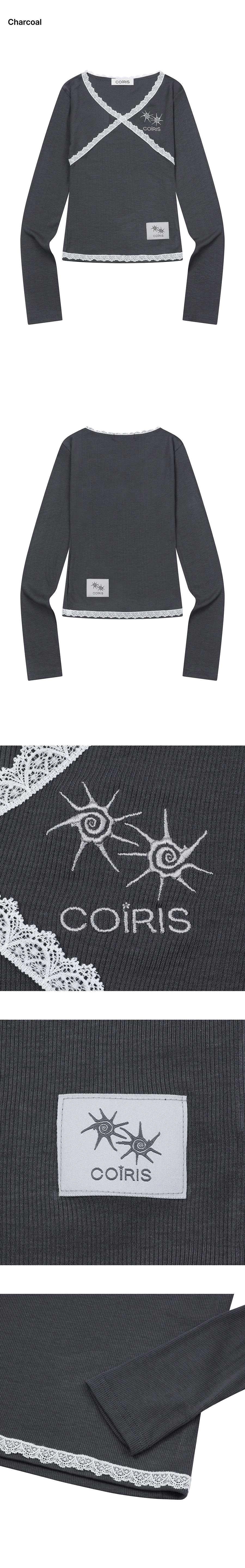 LACE CROSS V-NECK LONG SLEEVE TEE - 4 COLORS BLACK