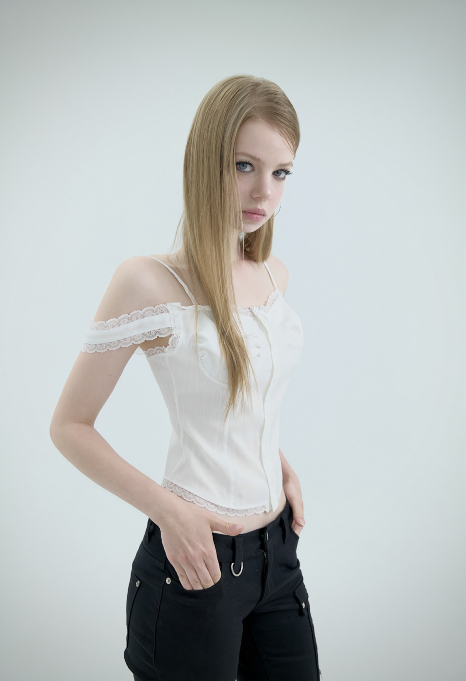SWAN LACE RIBBON BLOUSE, WHITE - 2 COLORS WHITE