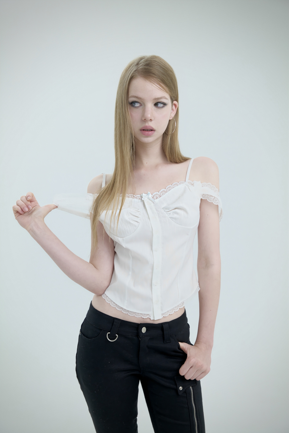 SWAN LACE RIBBON BLOUSE, WHITE - 2 COLORS WHITE