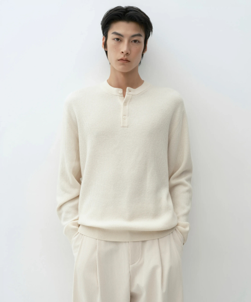 VICTORIA WOOL Minimal Ribbed Henley Neck Knit [Facial Creams] thumbnail 3