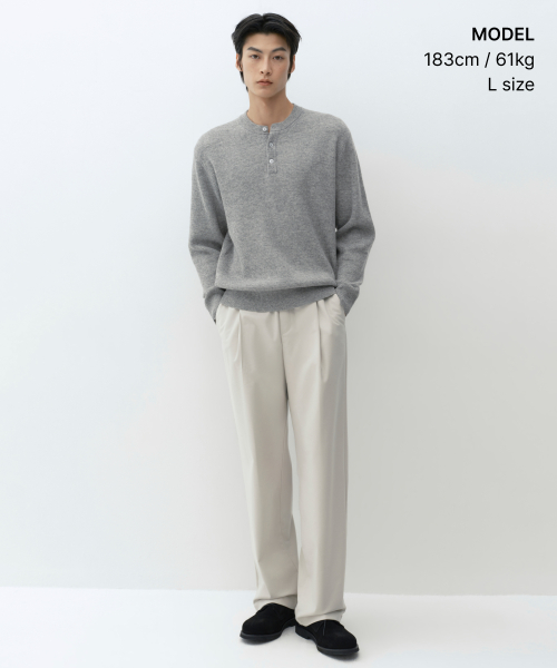 VICTORIA WOOL Minimal Ribbed Henley Neck Knit [Melange Light Gray] thumbnail 2