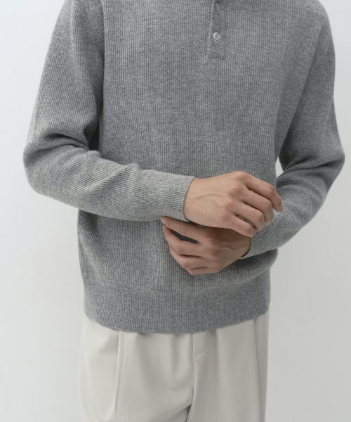 VICTORIA WOOL Minimal Ribbed Henley Neck Knit [Melange Light Gray] thumbnail 6