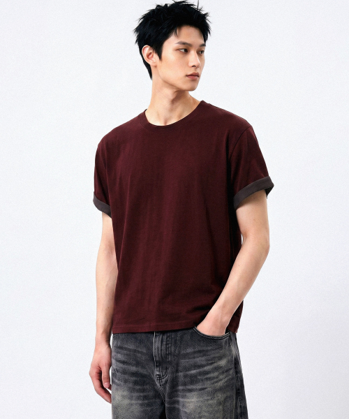 Roll-up sleeve cropped short-sleeve T-shirt burgundy thumbnail 4