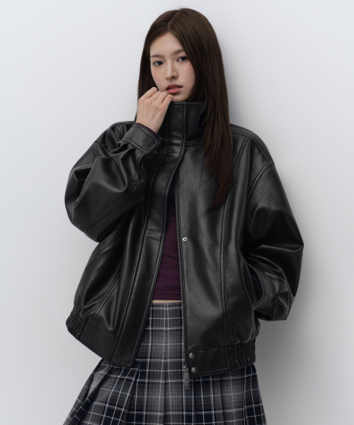 Women's Synthetic Leather High-Neck Blouson Jacket [Black] thumbnail 3