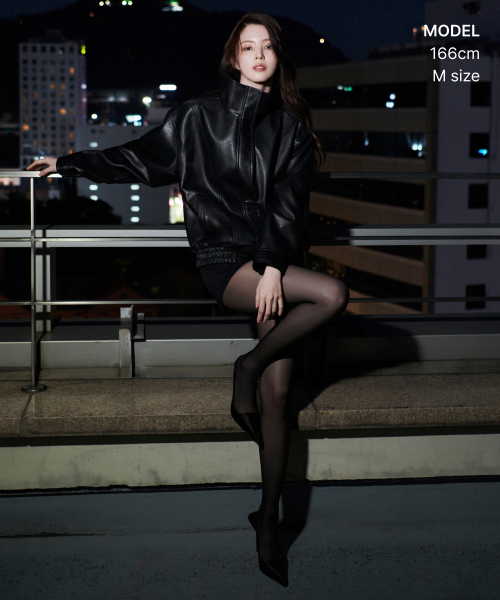 Women's Synthetic Leather High-Neck Blouson Jacket [Black] thumbnail 2