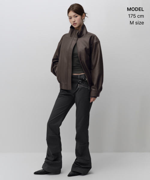 Women's Synthetic Leather High Neck Blouson Jacket [Brown] thumbnail 2
