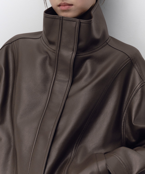 Women's Synthetic Leather High Neck Blouson Jacket [Brown] thumbnail 4