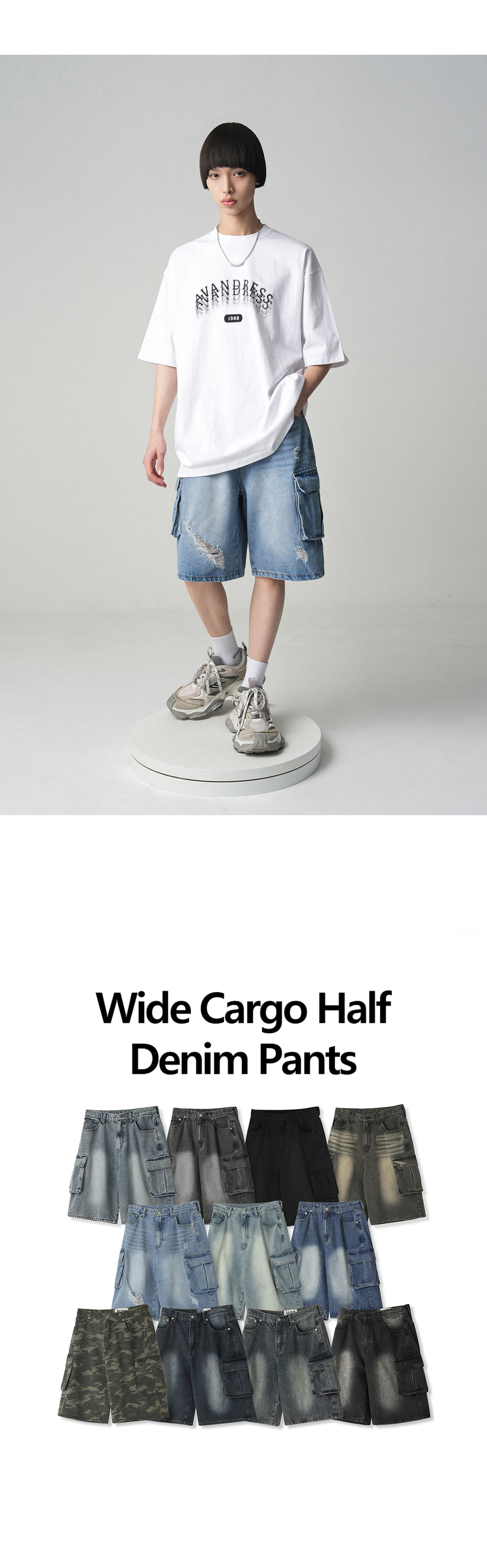 WIDE CARGO HALF DENIM SHORTS - 2 COLORS BLUE