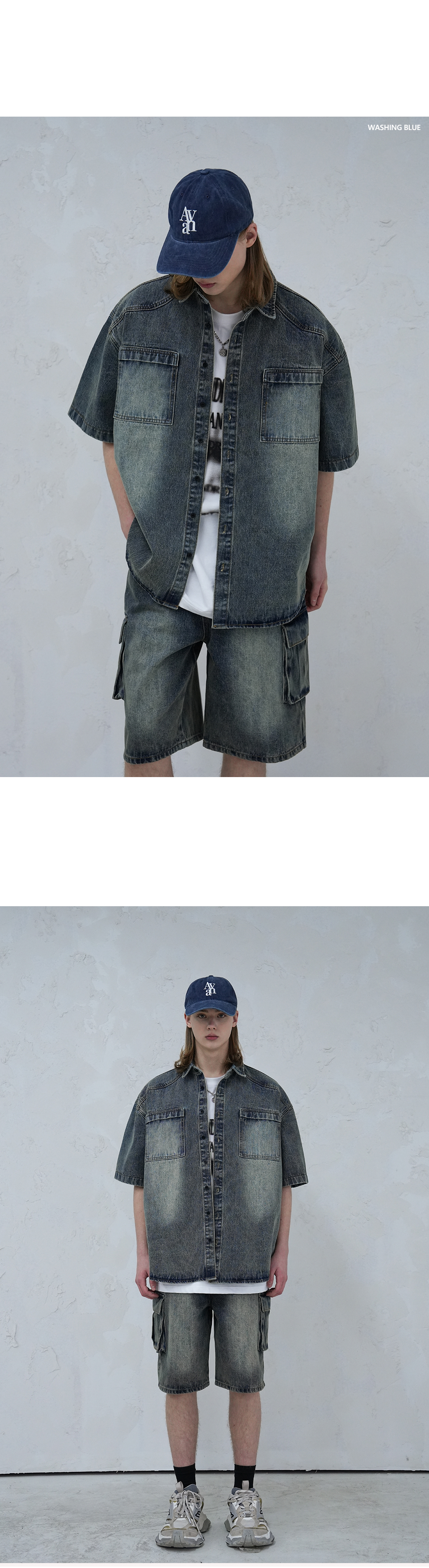 WIDE CARGO HALF DENIM SHORTS - 2 COLORS BLUE