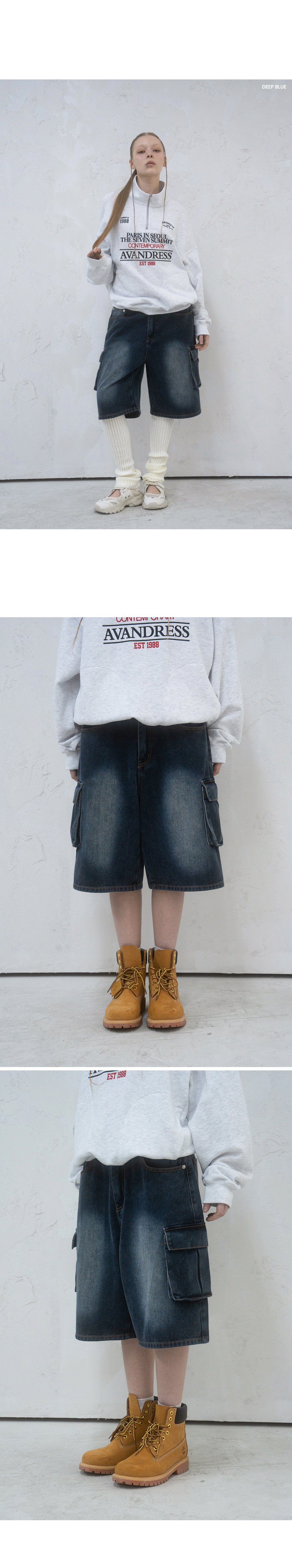 WIDE CARGO HALF DENIM SHORTS - 2 COLORS BLUE