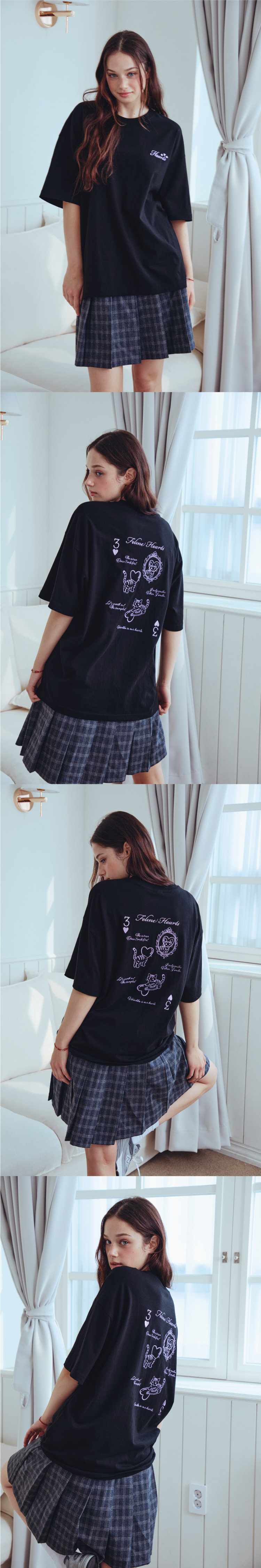 CAT EMBROIDERY SHORT SLEEVE TEE - 2 COLORS BLACK