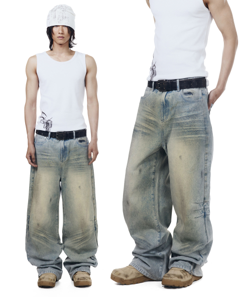 希少AAKAM Denim Pants Blueサイズ1 MUSINSA公式 | AAKAM Washed Zipper Slit Denim Pants (Light Blue)
