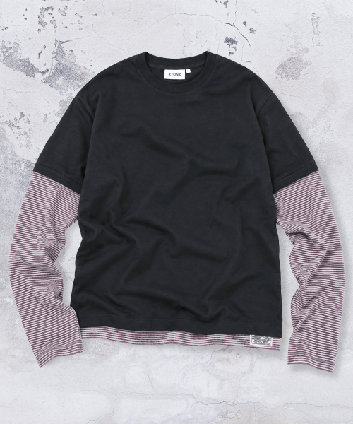 XTT166 롤업 레이어드 크롭 롱슬리브 (STRIPE BLACK)