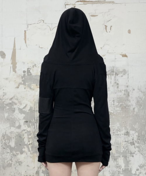 Hood Layer Shirring Mini One-Piece (Black) thumbnail 3