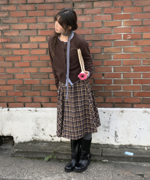 CHECK FLARE BANDING MIDI SKIRT BROWN thumbnail 4