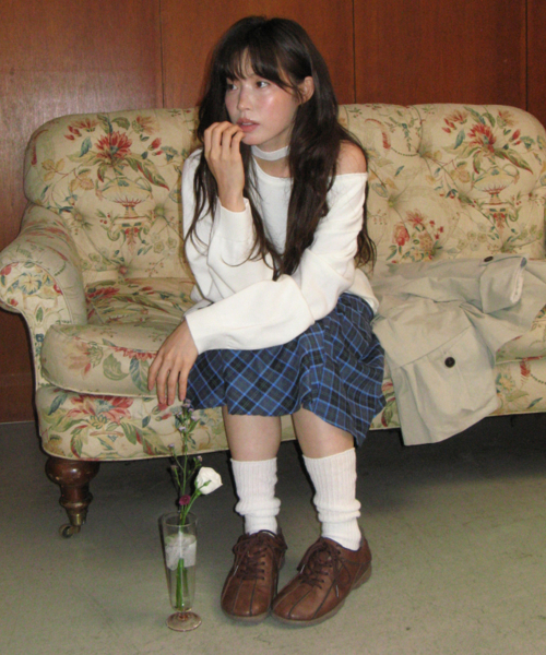 CHECK FLARE BANDING MIDI SKIRT BLUE thumbnail 2