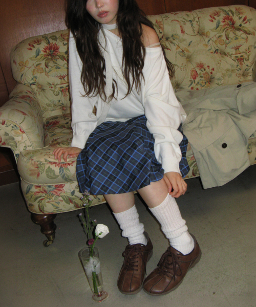 CHECK FLARE BANDING MIDI SKIRT BLUE thumbnail 5