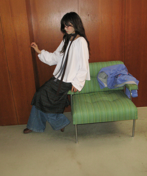 CHECK FLARE BANDING MIDI SKIRT GREEN thumbnail 3