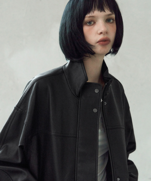 High-Neck Leather Blouson Jacket [BLACK] thumbnail 3