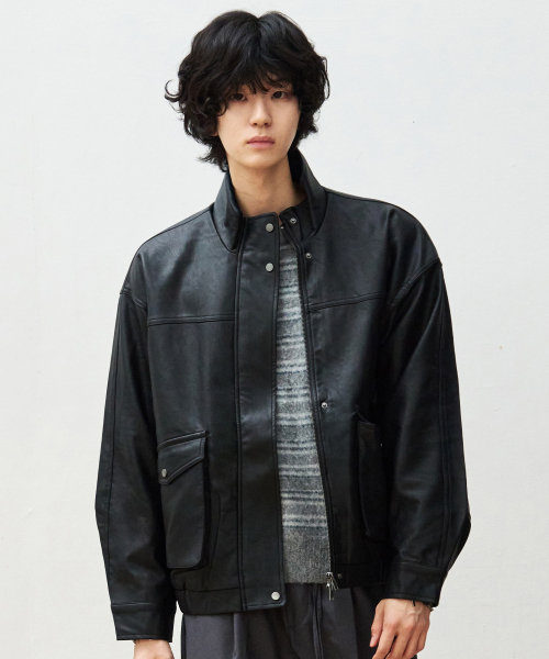 High-Neck Leather Blouson Jacket [BLACK] thumbnail 5