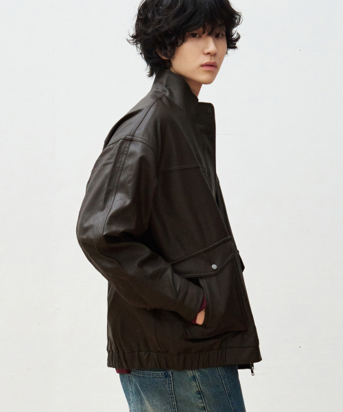 High-Neck Leather Blouson Jacket [D.BROWN] thumbnail 3