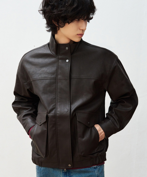 High-Neck Leather Blouson Jacket [D.BROWN] thumbnail 4