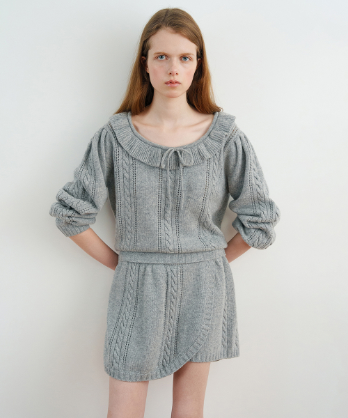 Ruffle Cable Knit Pullover (Melange Grey) view 2