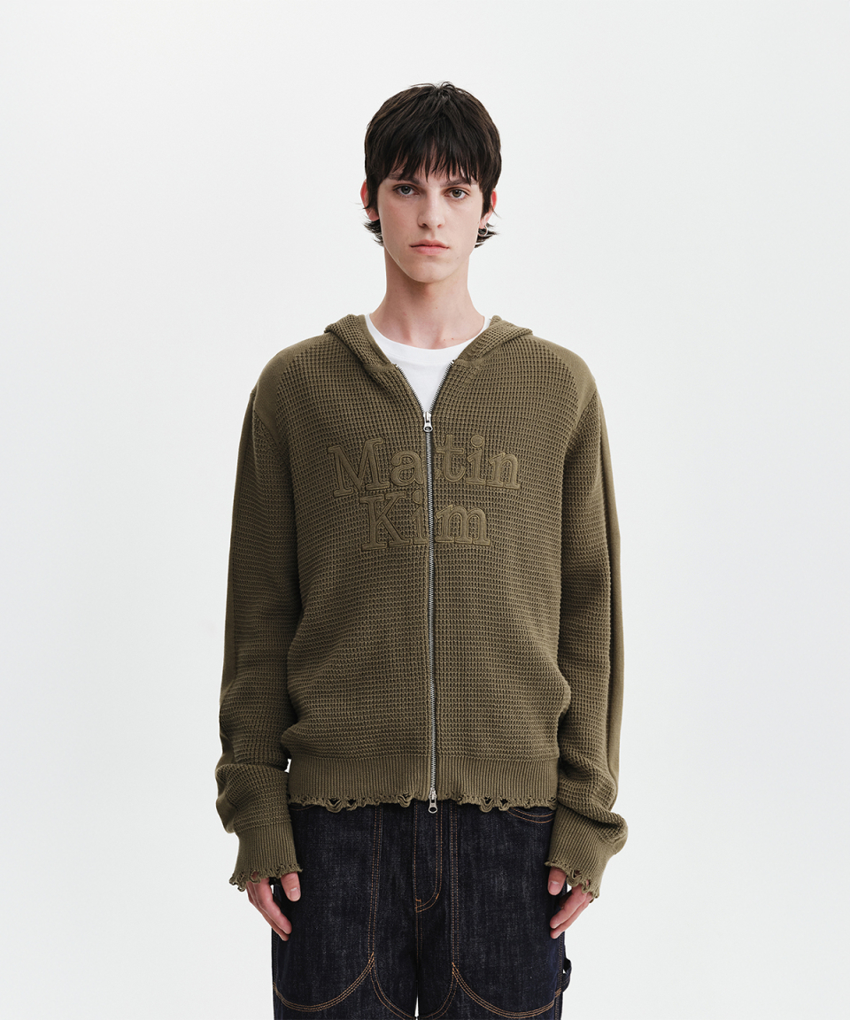 MUSINSA公式 | MATIN KIM WAFFLE TEXTURE HOODY KNIT ZIP UP IN KHAKI